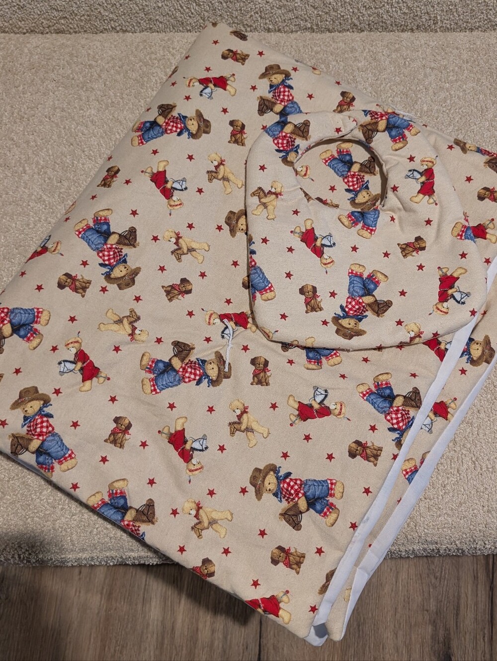 Handmade Cowboy Bear Baby Blanket/Play Mat + Bib Set